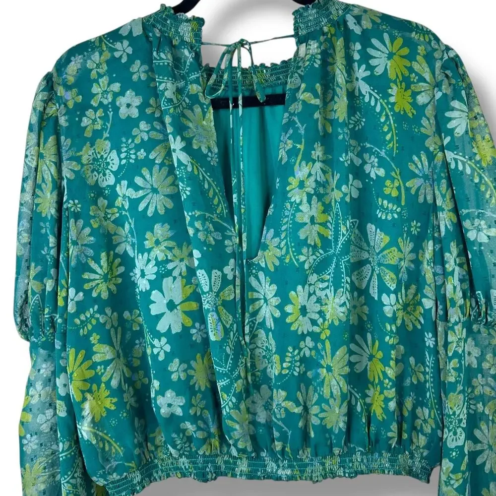 NEW Free People Sea Combo Clarissa Floral Print High Neck Smocked Blouse XS - Picture 7 of 9